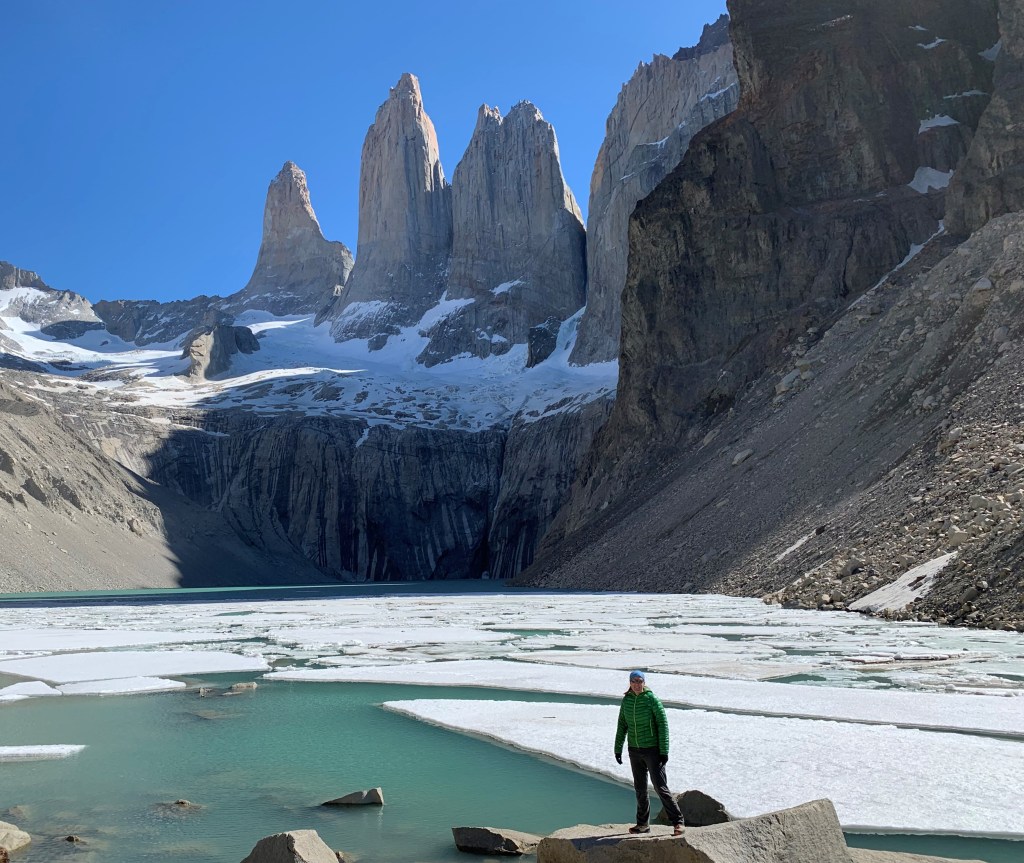 Afternoon views of Las Torres in Torres del Paine NP Chile